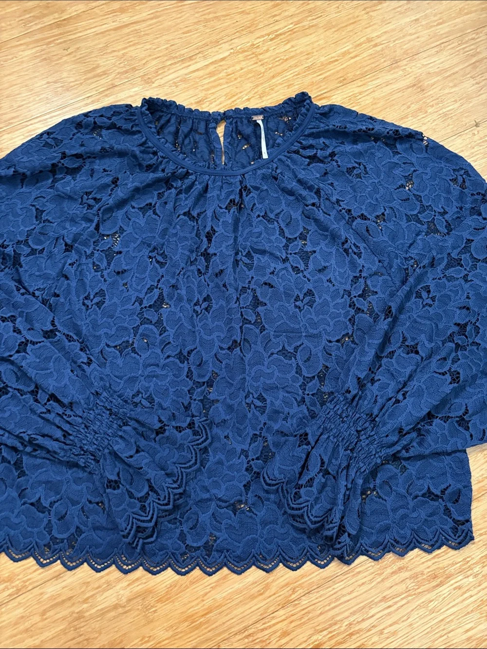 Free People Olivia Lace Tee Balloon Sleeve Blouse Blue Small boho romantic